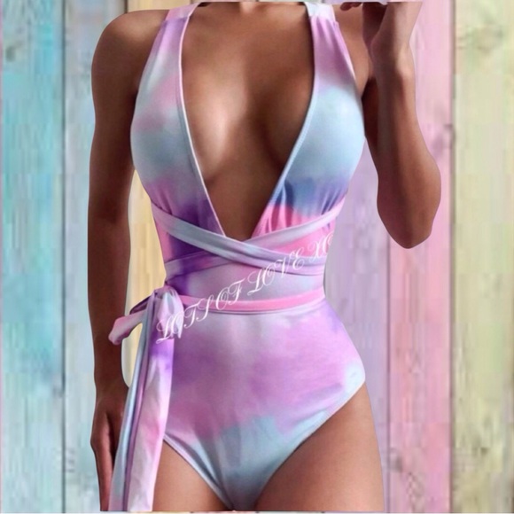 Other - Blue Pink Purple Tie Dye Plunge V Criss Cross Back One Piece Swimsuit New